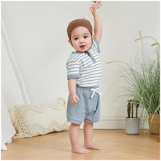 Baby Boy Summer Clothes | Button Short Sleeve Romper | Bodysuit Shorts Set | Infant Soft Waffle Outfit