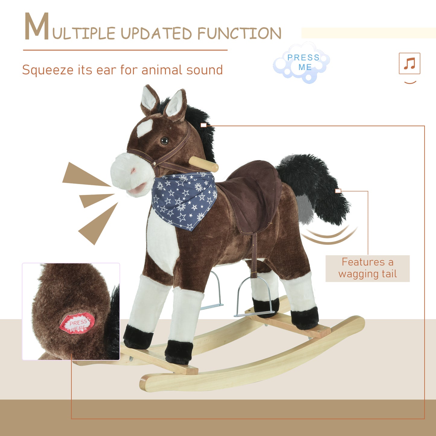Kids Plush Ride-On Rocking Horse | Brown Toy Cowboy Rocker with Fun Realistic Sounds | For Child 3-6 Years Old