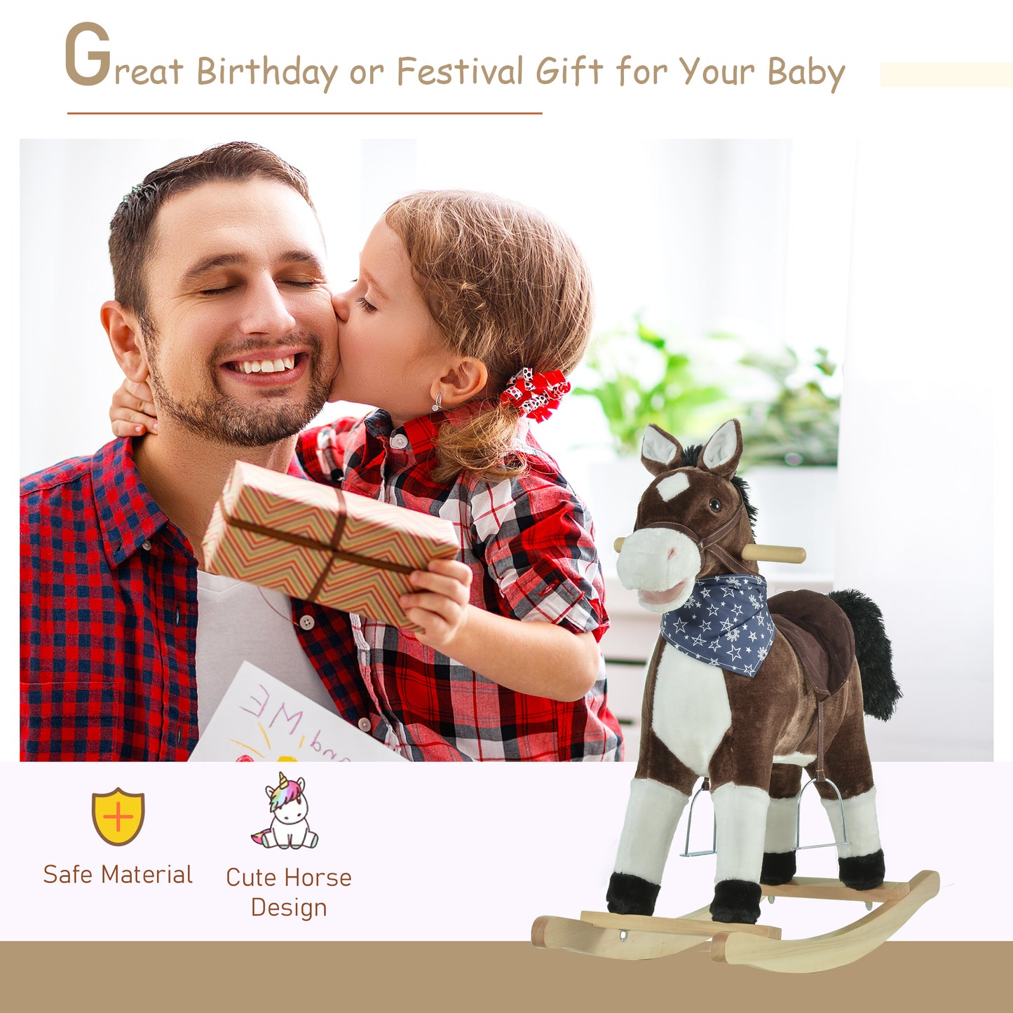 Kids Plush Ride-On Rocking Horse | Brown Toy Cowboy Rocker with Fun Realistic Sounds | For Child 3-6 Years Old
