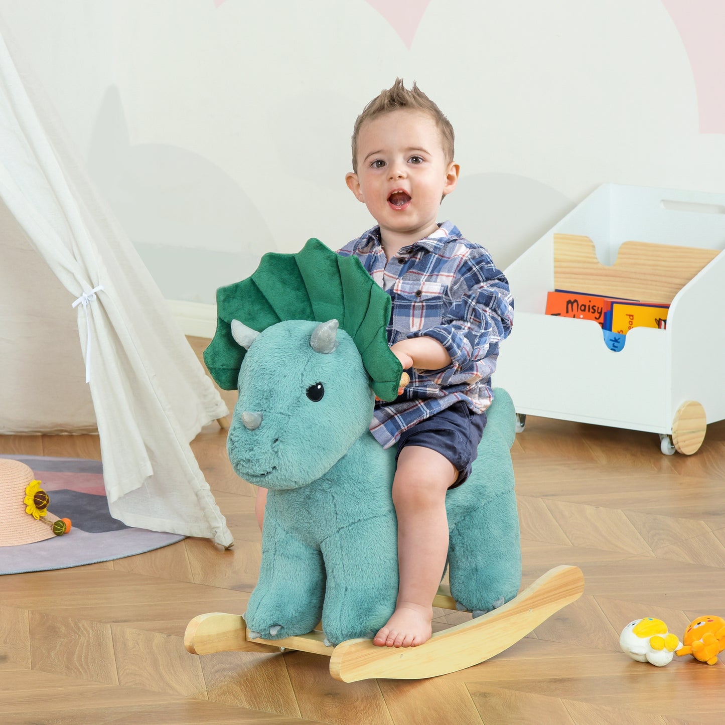 Kids Plush Ride-On Rocking Horse | Dark Green Triceratops-shaped Plush Toy Rocker with Realistic Sounds | For Child 36-72 Months