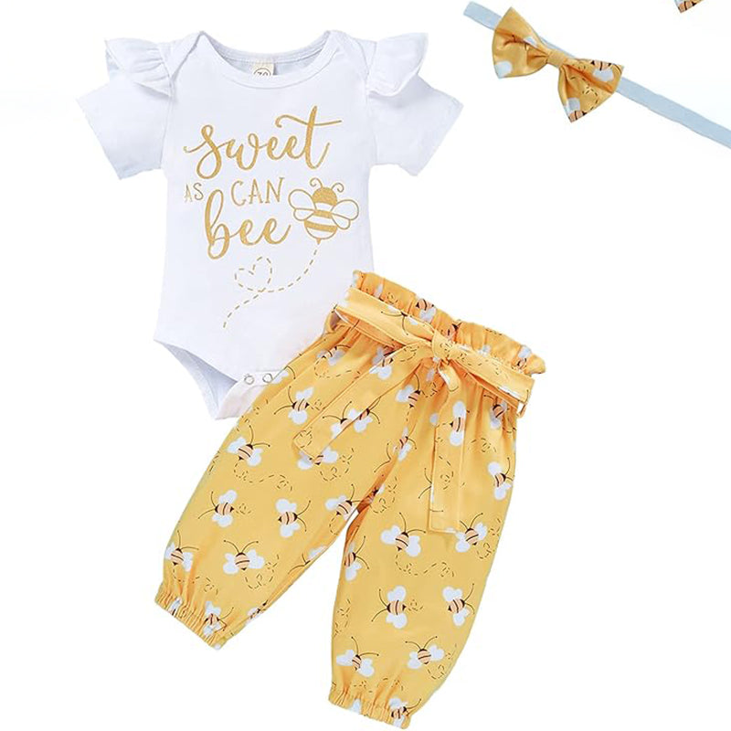 Infant Baby Girl Sweet Bee Outfit | Letter Print Romper | Honey Bees Pants | Bowknot Headband Clothes Set