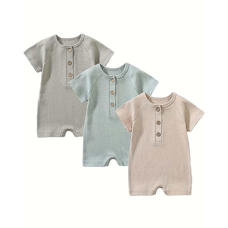 3-Pack Baby Boys One-Piece Romper Set | Long Sleeve Ribbed Button Jumpsuit