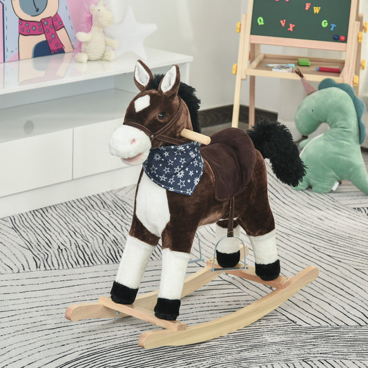 Kids Plush Ride-On Rocking Horse | Brown Toy Cowboy Rocker with Fun Realistic Sounds | For Child 3-6 Years Old
