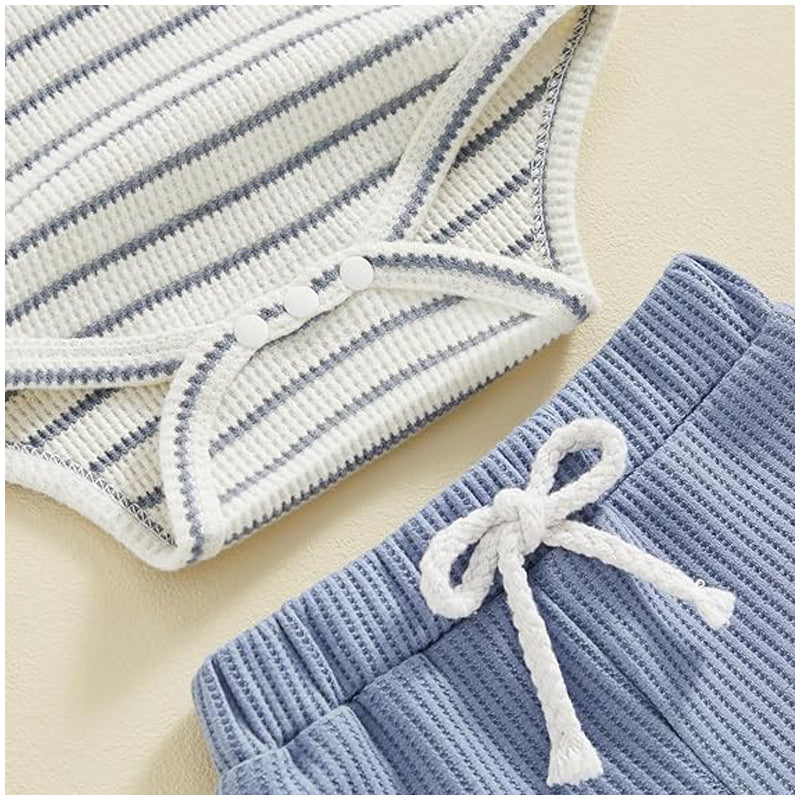 Baby Boy Summer Clothes | Button Short Sleeve Romper | Bodysuit Shorts Set | Infant Soft Waffle Outfit