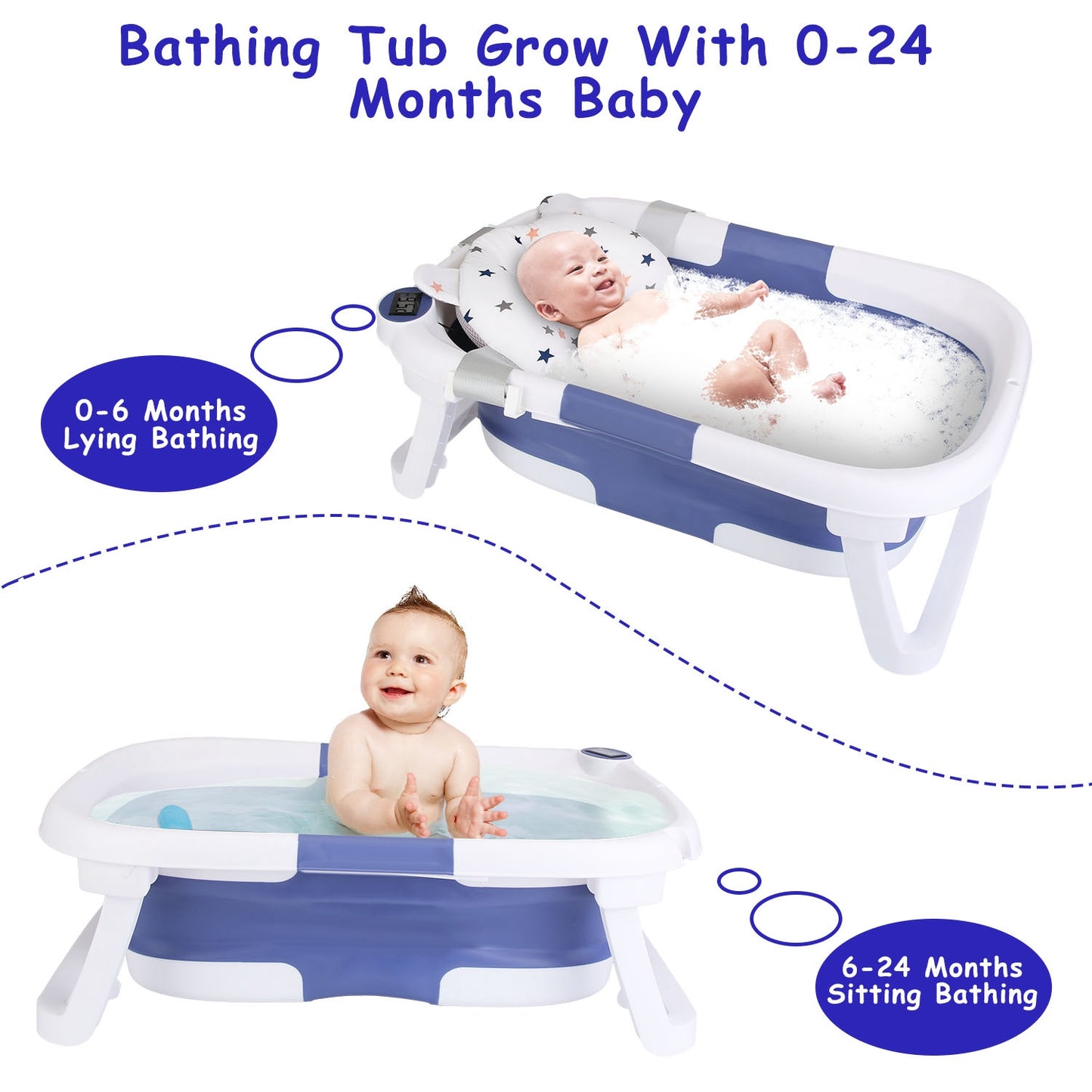 Baby Bath Tub with Thermometer | Collapsible Travel Friendly 0 To 24 Months Baby Bathtub with Drain Hole