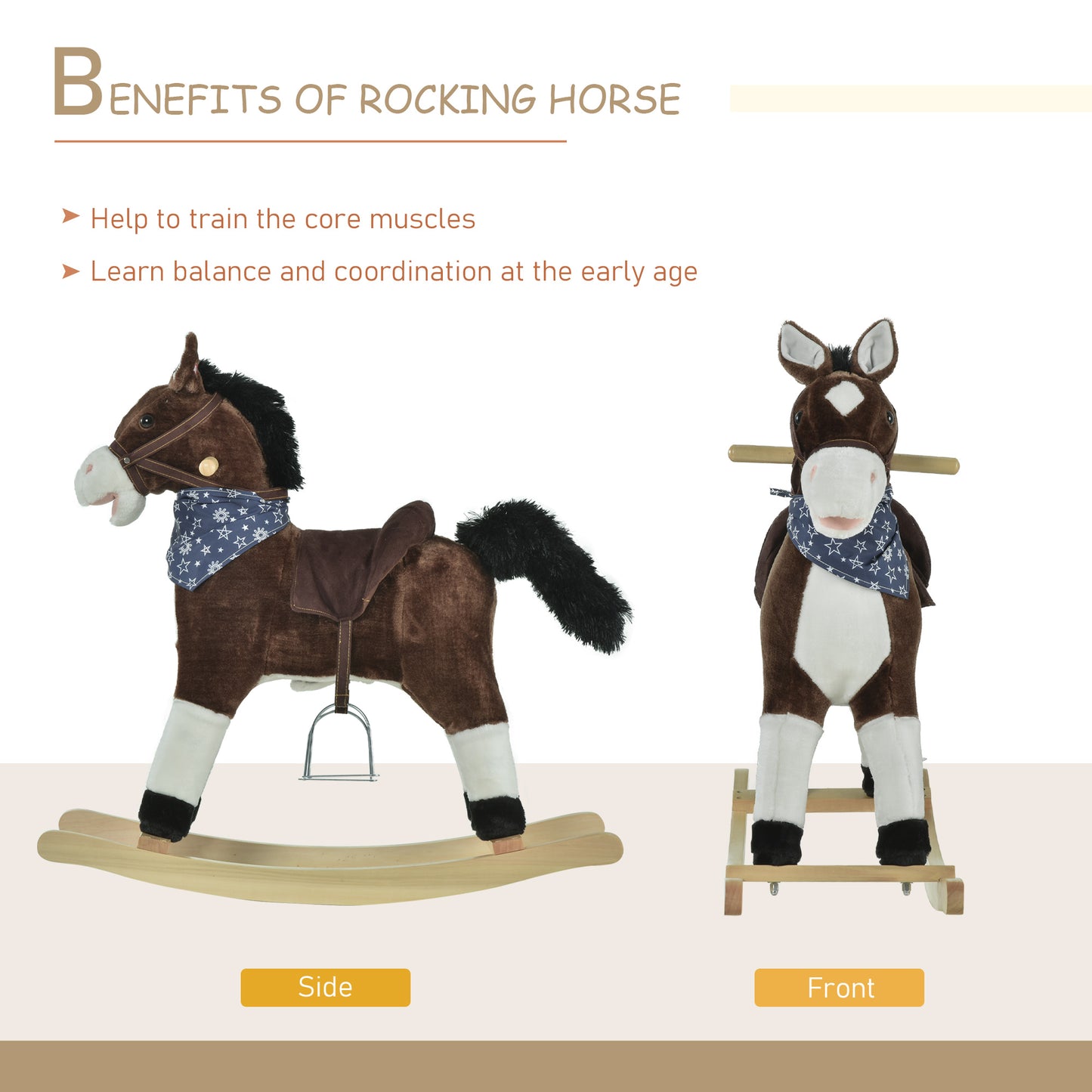 Kids Plush Ride-On Rocking Horse | Brown Toy Cowboy Rocker with Fun Realistic Sounds | For Child 3-6 Years Old