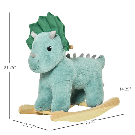Kids Plush Ride-On Rocking Horse | Dark Green Triceratops-shaped Plush Toy Rocker with Realistic Sounds | For Child 36-72 Months
