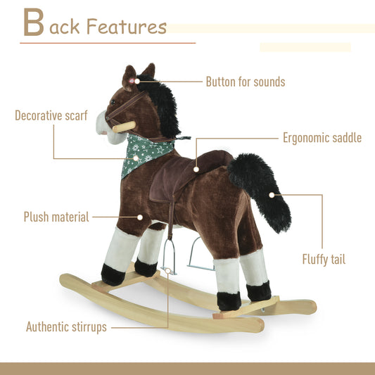 Kids Plush Ride-On Rocking Horse | Brown Toy Cowboy Rocker with Fun Realistic Sounds | For Child 3-6 Years Old