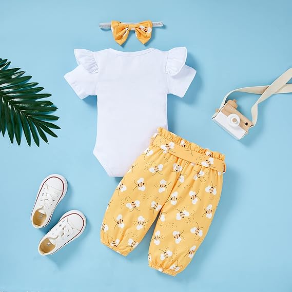Infant Baby Girl Sweet Bee Outfit | Letter Print Romper | Honey Bees Pants | Bowknot Headband Clothes Set