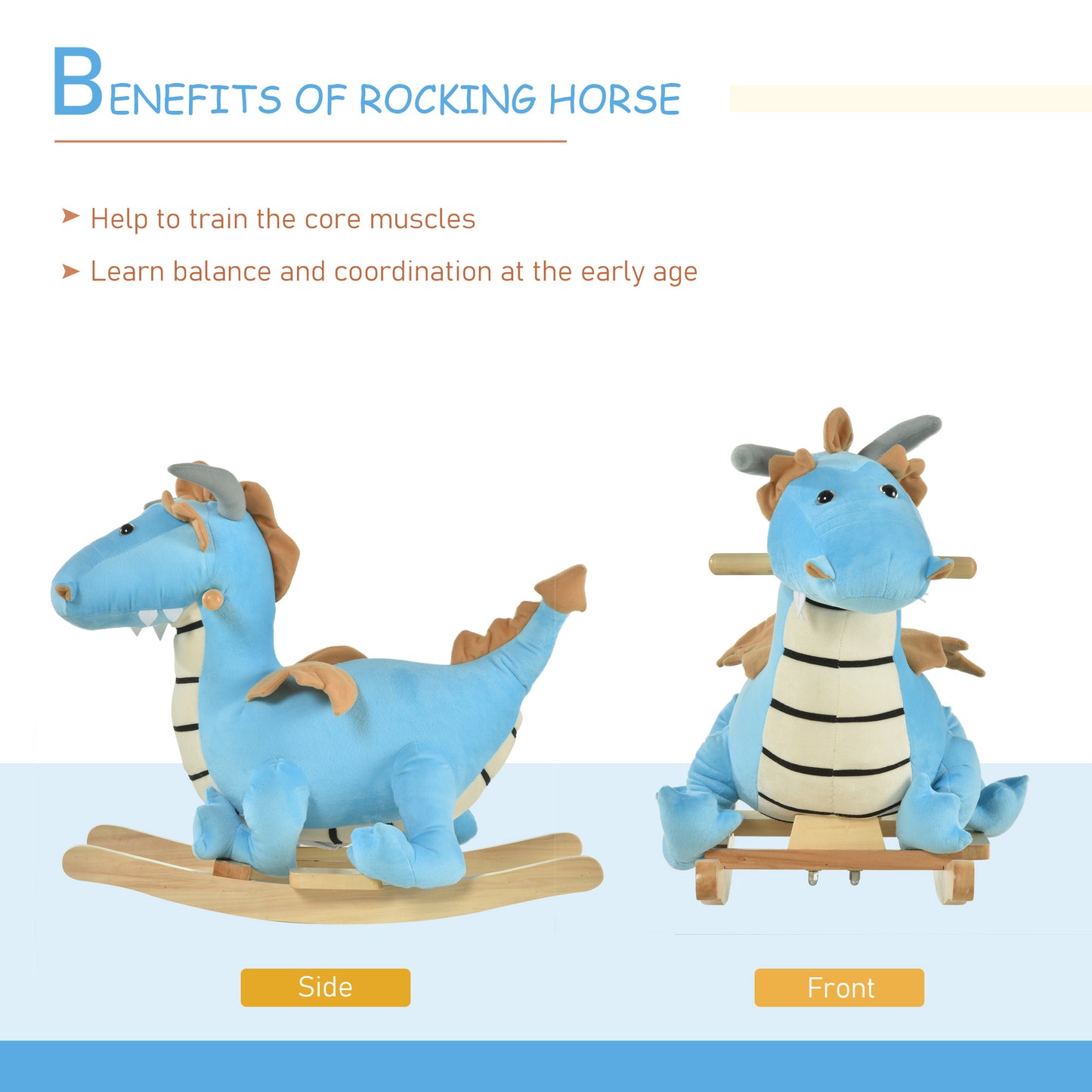 Kids Wooden Dinosaur Rocking Horse | Blue Riding Horse with Realistic Sounds | Prehistoric Child Ride-On Toy | For 18-36 Months