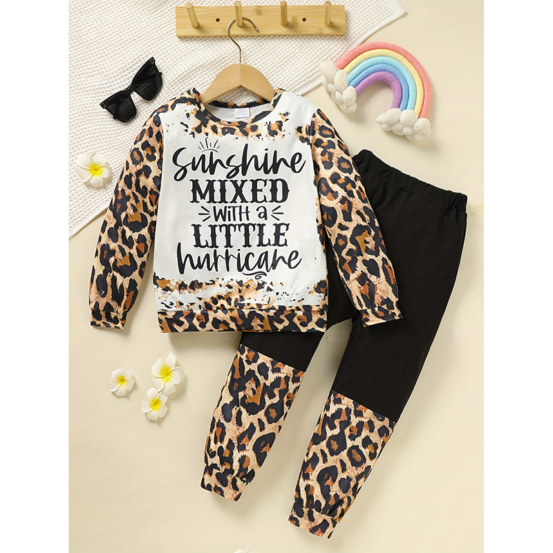 Toddler Girls Fall Winter Leopard Letter Print Crewneck | Long Sleeve Sweatshirt Top & Sweatpants | 2 Piece Clothing Set