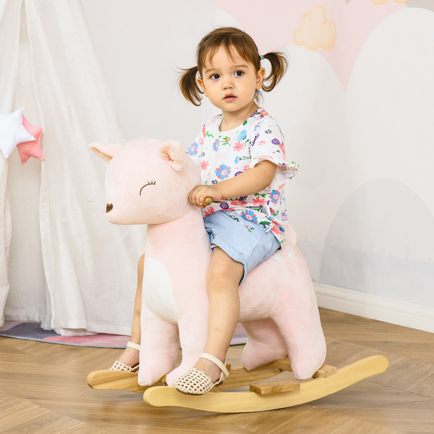 Kids Plush Ride-On Rocking Horse | Pink Toy Rocker with Realistic Sounds | For Child 36-72 Months