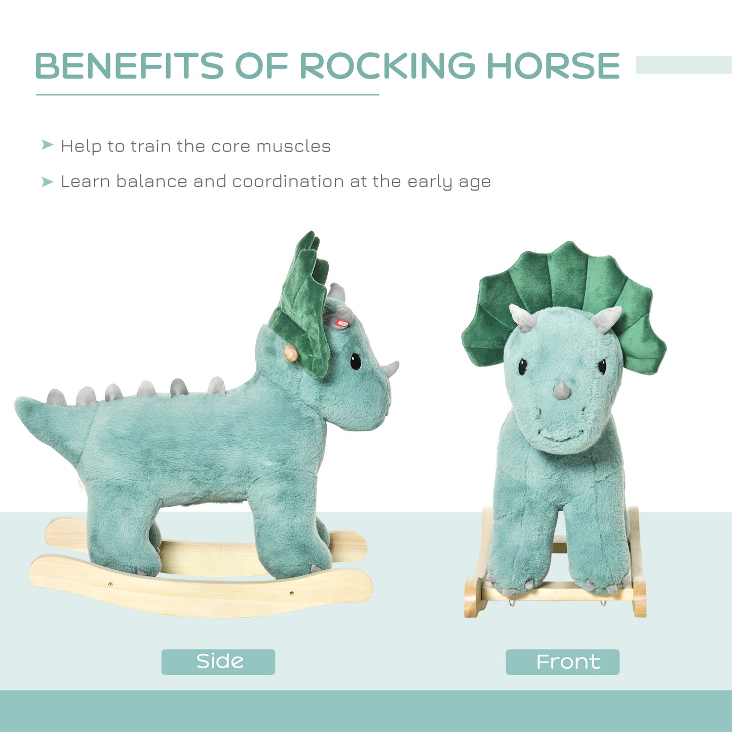 Kids Plush Ride-On Rocking Horse | Dark Green Triceratops-shaped Plush Toy Rocker with Realistic Sounds | For Child 36-72 Months