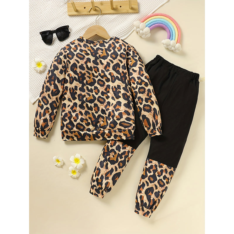 Toddler Girls Fall Winter Leopard Letter Print Crewneck | Long Sleeve Sweatshirt Top & Sweatpants | 2 Piece Clothing Set