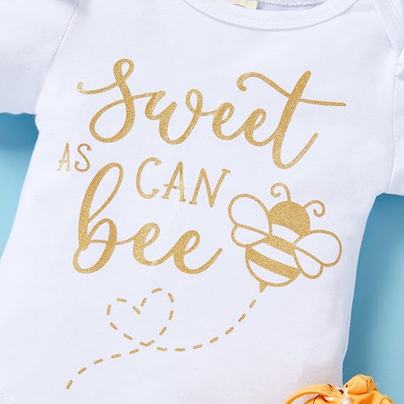 Infant Baby Girl Sweet Bee Outfit | Letter Print Romper | Honey Bees Pants | Bowknot Headband Clothes Set