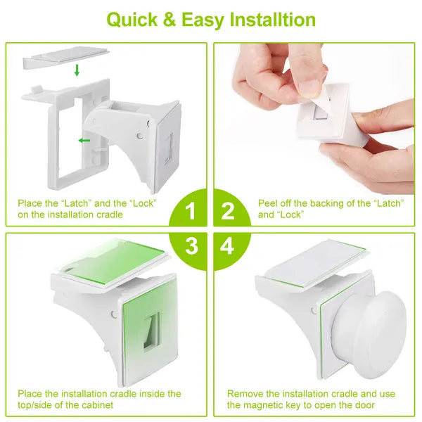 4Pcs Magnetic Cabinet Locks | Child Safety Drawer Locks | Adhesive Baby Proof Cabinets Latches Kit