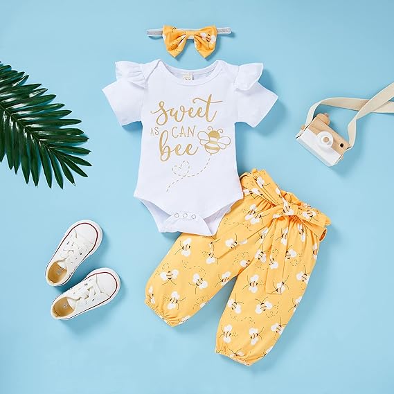 Infant Baby Girl Sweet Bee Outfit | Letter Print Romper | Honey Bees Pants | Bowknot Headband Clothes Set