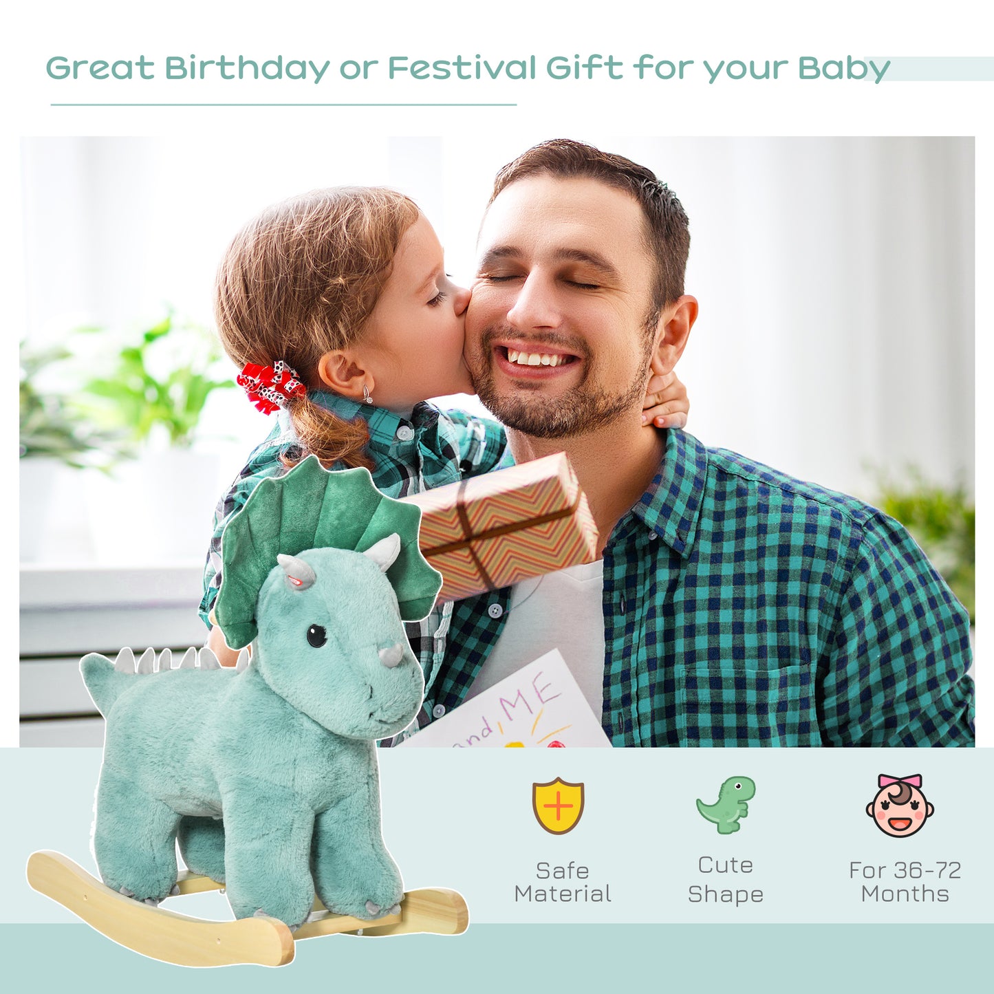 Kids Plush Ride-On Rocking Horse | Dark Green Triceratops-shaped Plush Toy Rocker with Realistic Sounds | For Child 36-72 Months