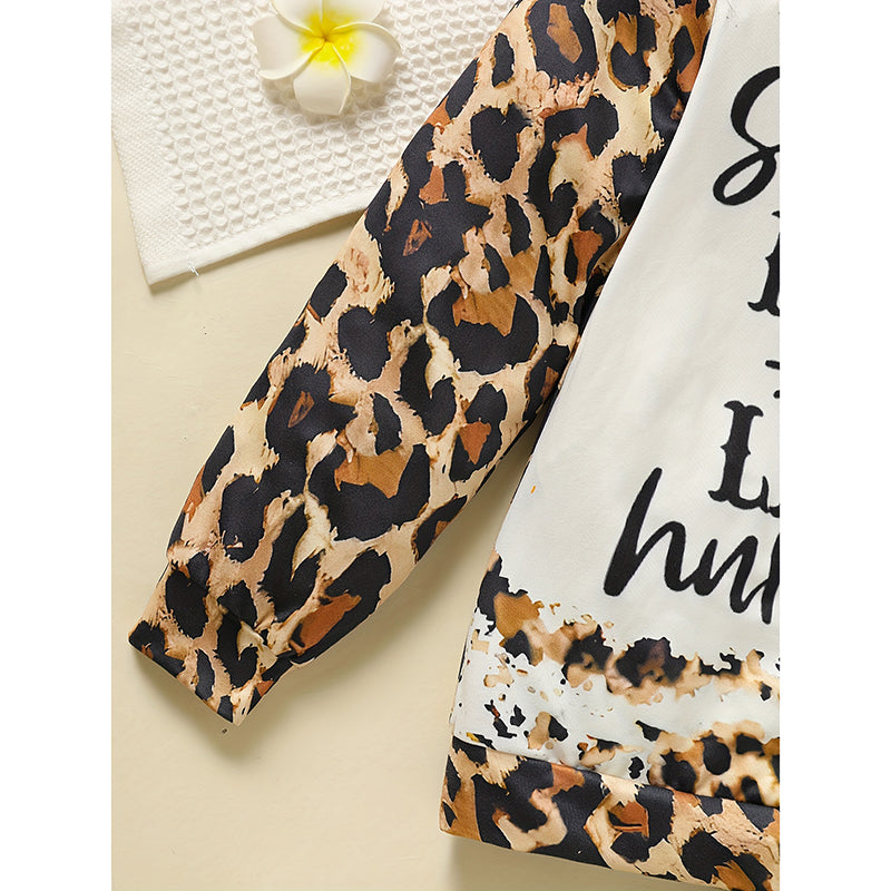 Toddler Girls Fall Winter Leopard Letter Print Crewneck | Long Sleeve Sweatshirt Top & Sweatpants | 2 Piece Clothing Set