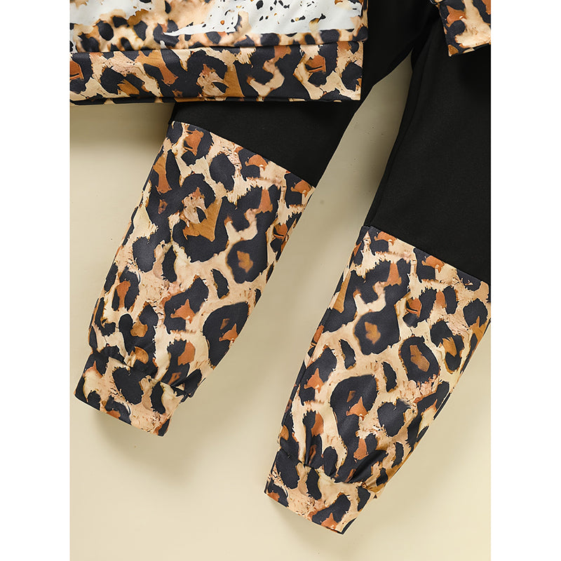 Toddler Girls Fall Winter Leopard Letter Print Crewneck | Long Sleeve Sweatshirt Top & Sweatpants | 2 Piece Clothing Set