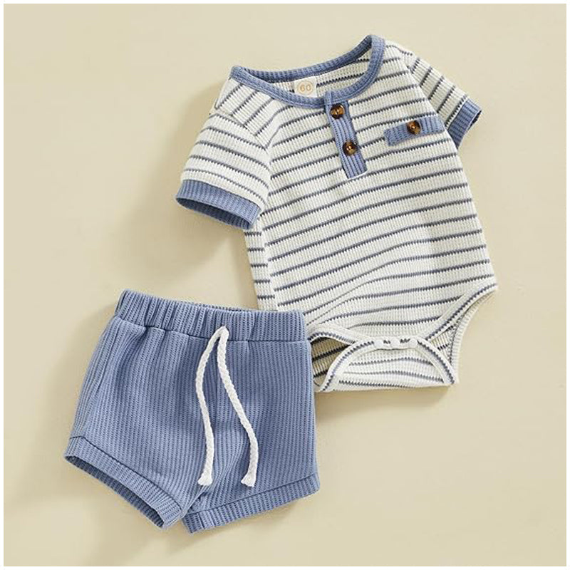 Baby Boy Summer Clothes | Button Short Sleeve Romper | Bodysuit Shorts Set | Infant Soft Waffle Outfit