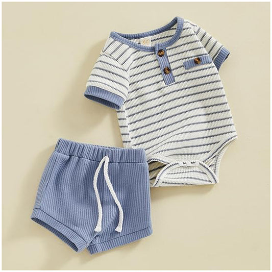 Baby Boy Summer Clothes | Button Short Sleeve Romper | Bodysuit Shorts Set | Infant Soft Waffle Outfit