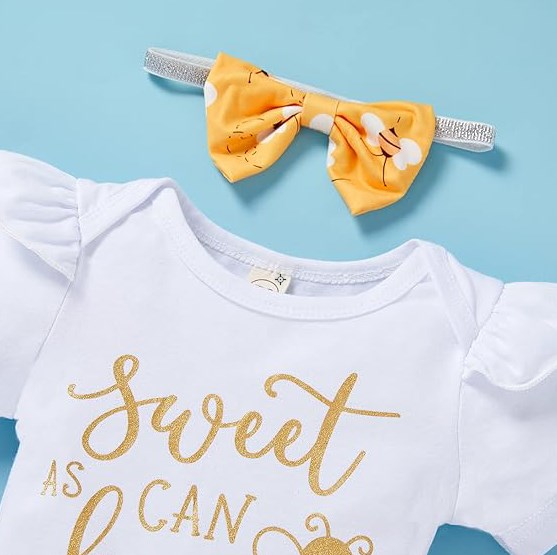 Infant Baby Girl Sweet Bee Outfit | Letter Print Romper | Honey Bees Pants | Bowknot Headband Clothes Set