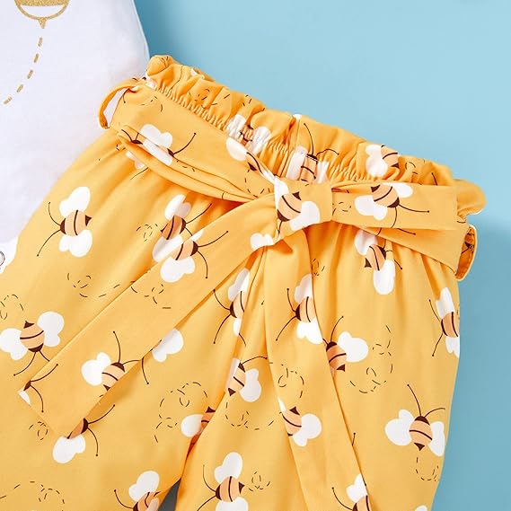 Infant Baby Girl Sweet Bee Outfit | Letter Print Romper | Honey Bees Pants | Bowknot Headband Clothes Set