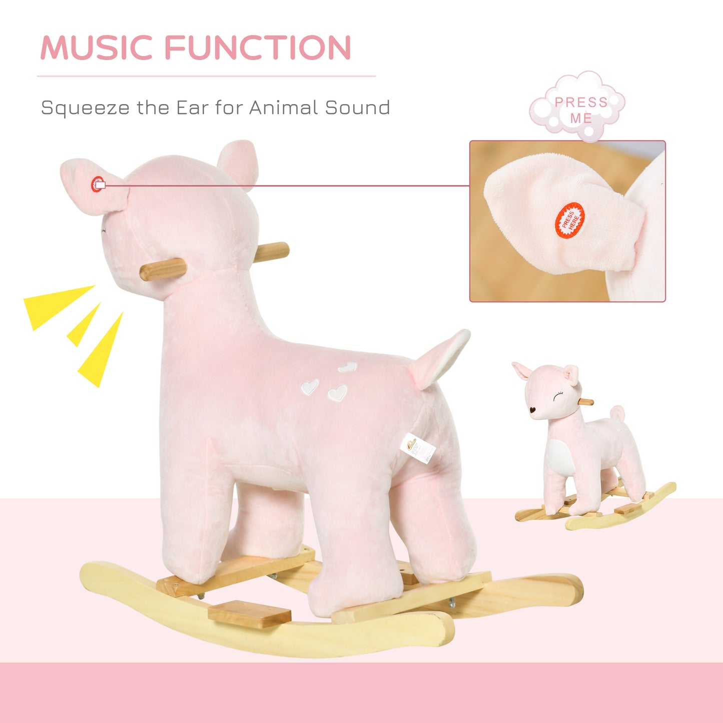 Kids Plush Ride-On Rocking Horse | Pink Toy Rocker with Realistic Sounds | For Child 36-72 Months