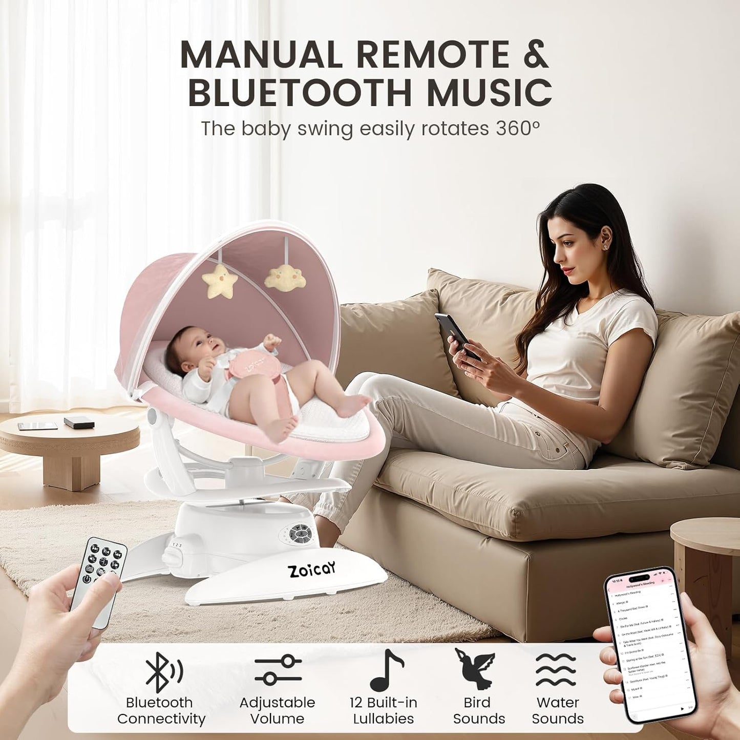 Baby Swing For Infants With Motion Detection, Electric Baby Swing With 3 Swing Modes, 12 Lullabies  5-Speeds