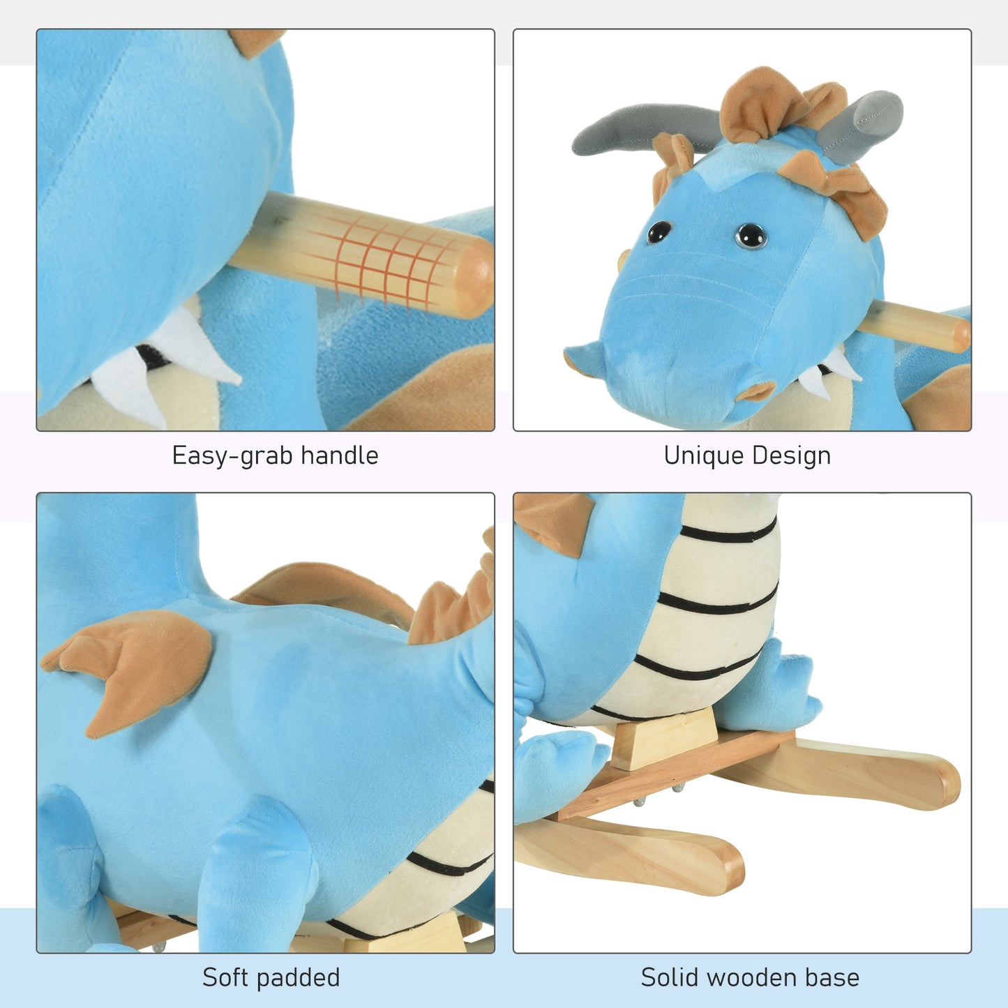 Kids Wooden Dinosaur Rocking Horse | Blue Riding Horse with Realistic Sounds | Prehistoric Child Ride-On Toy | For 18-36 Months