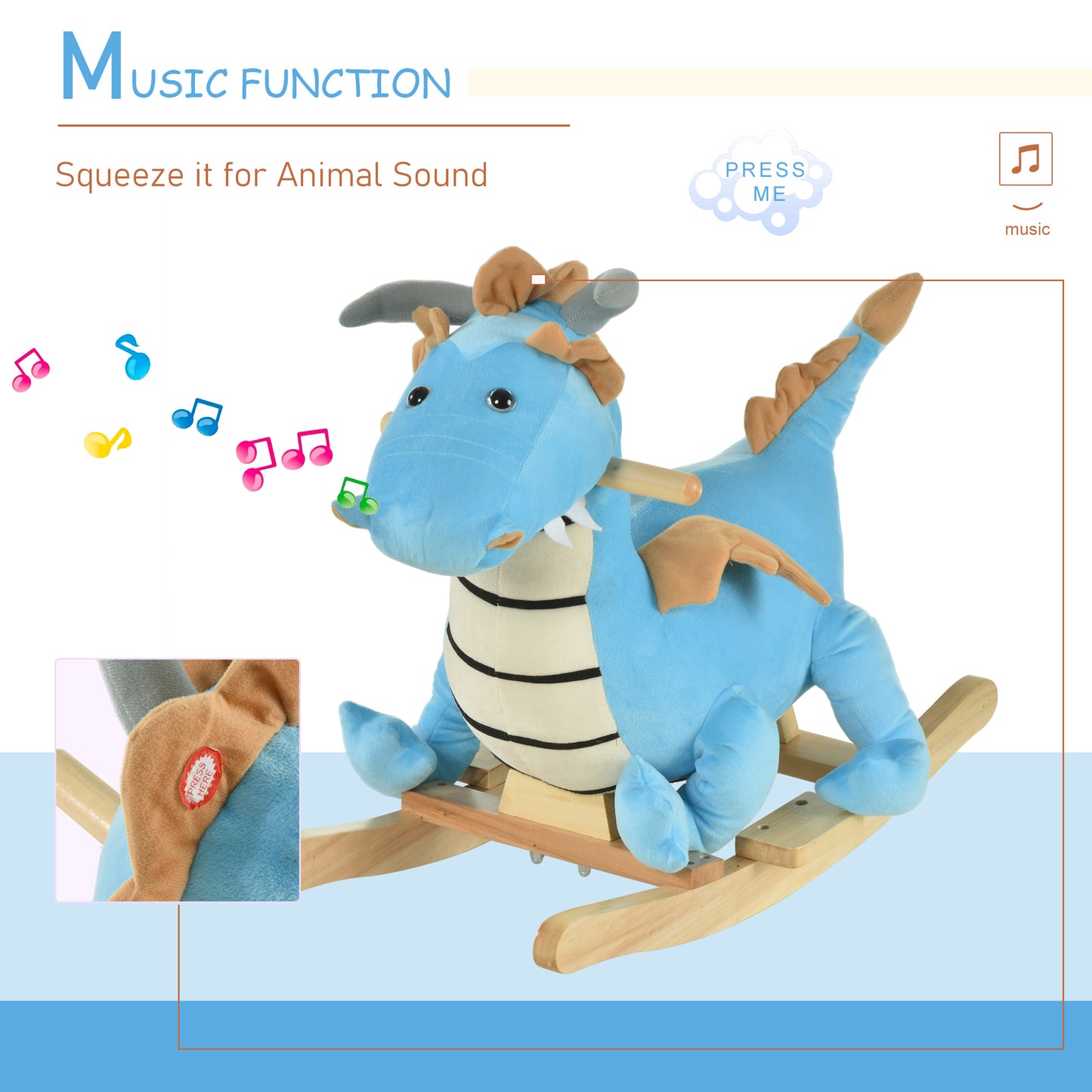 Kids Wooden Dinosaur Rocking Horse | Blue Riding Horse with Realistic Sounds | Prehistoric Child Ride-On Toy | For 18-36 Months