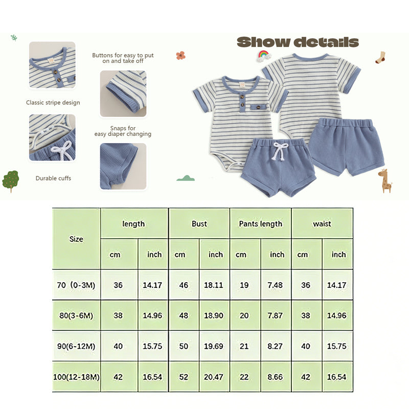 Baby Boy Summer Clothes | Button Short Sleeve Romper | Bodysuit Shorts Set | Infant Soft Waffle Outfit