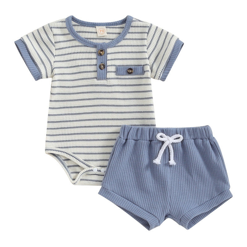 Baby Boy Summer Clothes | Button Short Sleeve Romper | Bodysuit Shorts Set | Infant Soft Waffle Outfit