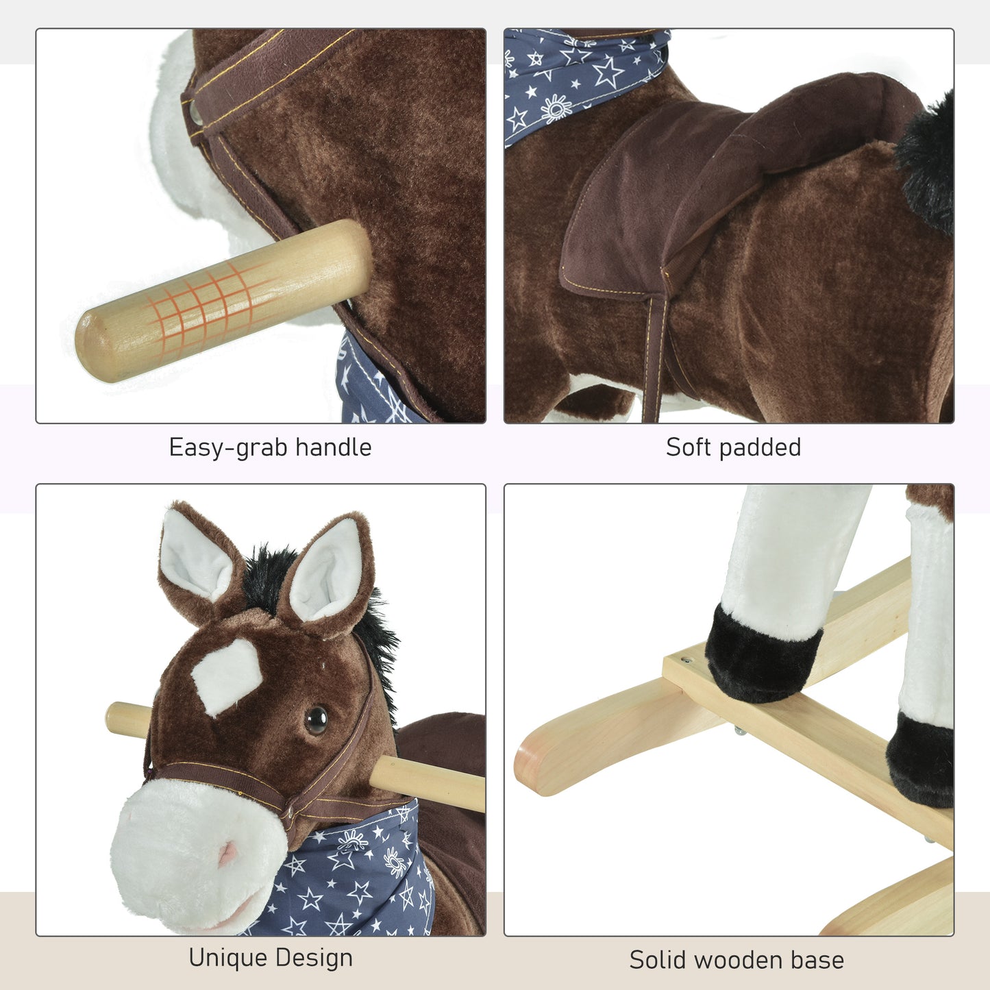 Kids Plush Ride-On Rocking Horse | Brown Toy Cowboy Rocker with Fun Realistic Sounds | For Child 3-6 Years Old