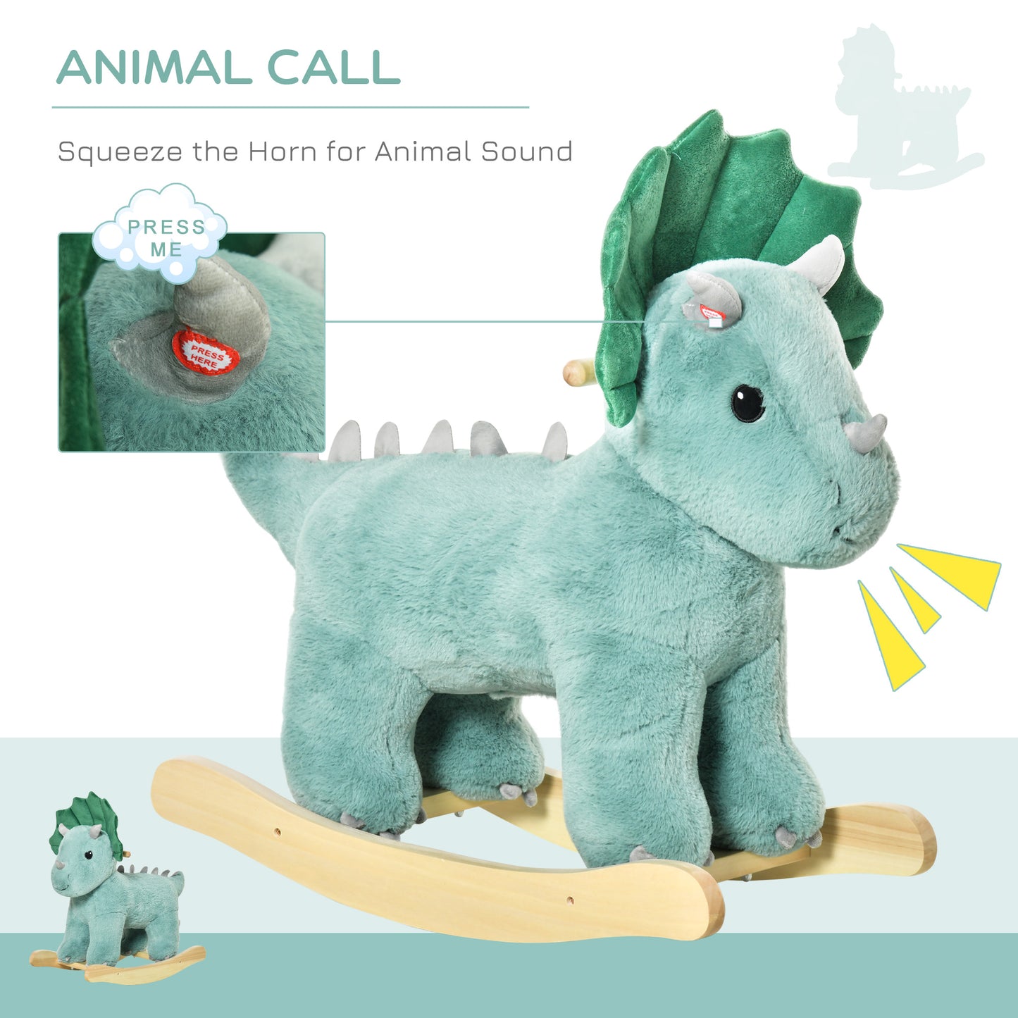 Kids Plush Ride-On Rocking Horse | Dark Green Triceratops-shaped Plush Toy Rocker with Realistic Sounds | For Child 36-72 Months